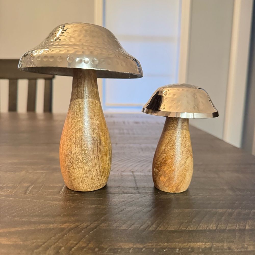 Home Decor Hammered Metal Mushroom Sculptures with Wood Base Set of 2